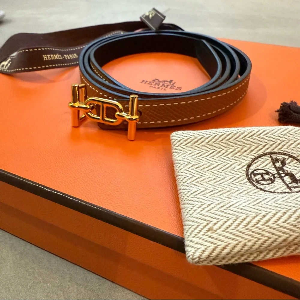 Hermes Reversible Calfskin Leather Strap Belt 13mm with Ancre Buckle in Gold - Picture 6 of 6